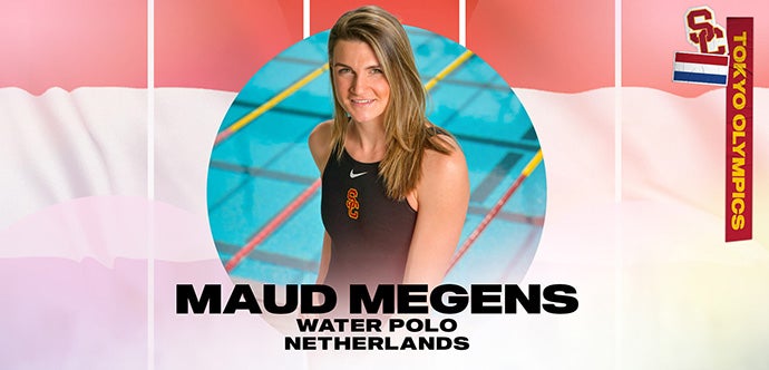 Maud Megens stands in front of a pool and smiles from within a circle with her name, athletic specialty and country written below her and against a backdrop of the Netherlands flag.