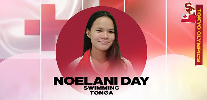Noelani Day smiles from within a red circle with her name, athletic specialty and country written below her and against a backdrop of the Tonga flag.