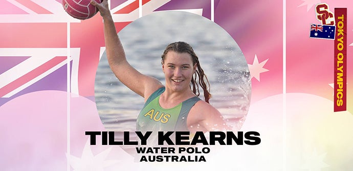 Tilly Kearns holds a water polo ball while bobbing in a pool within a red circle with her name, athletic specialty and country written below her and against a backdrop of the Australian flag.