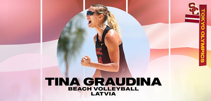 Tina Graudina shouts in triumph while wearing sunglasses and a tank top within a circle with her name, athletic specialty and country written below her and against a backdrop of the Latvian flag.