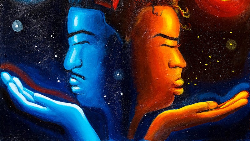 Artistic Zoom background depicting a Black man and woman back to back blowing kisses into a universe of stars