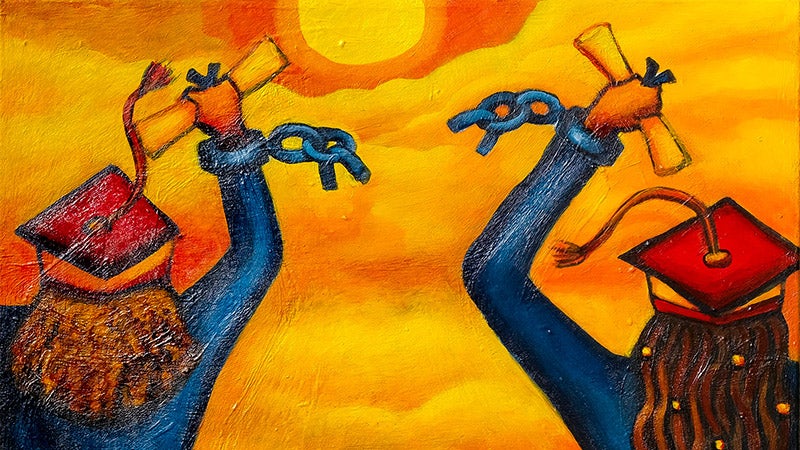 Artistic Zoom background depicting two Black graduating students with broken chains dangling from their wrists facing the sun and brandishing diplomas