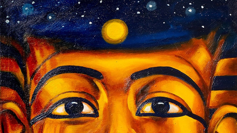 Artistic Zoom background depicting Egyptian king Tutankhamun's eyes with the sun and stars above his brow