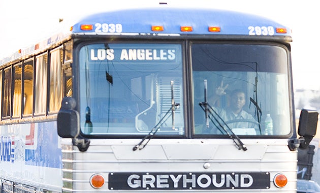 A Greyhound bus with Los Angeles on the sign.