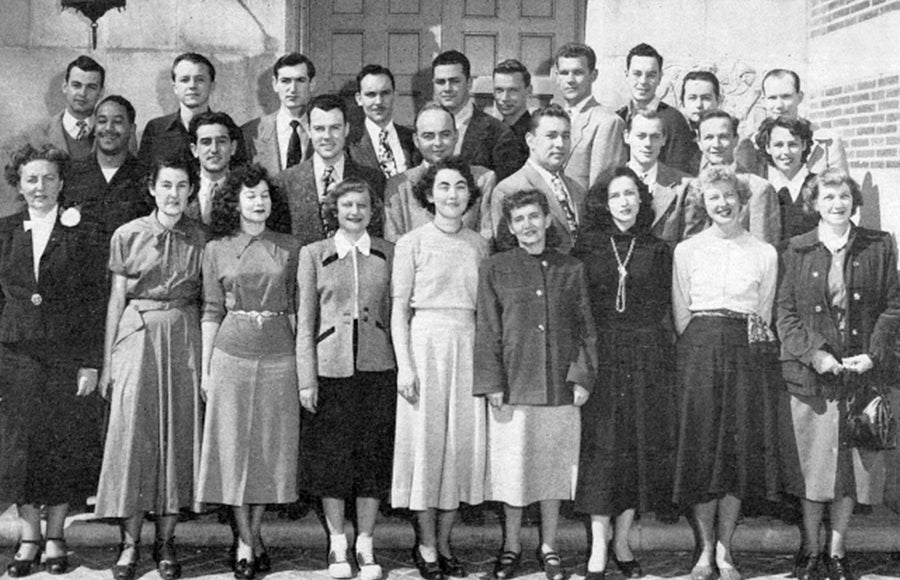 Black and white photo from 1949 of students standing in rows.