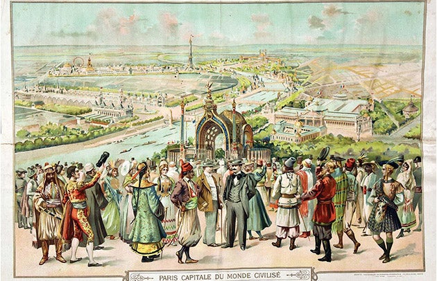 An old poster with an illustration of a diverse group of world citizens mingling on a hill overlooking 19th-century Paris