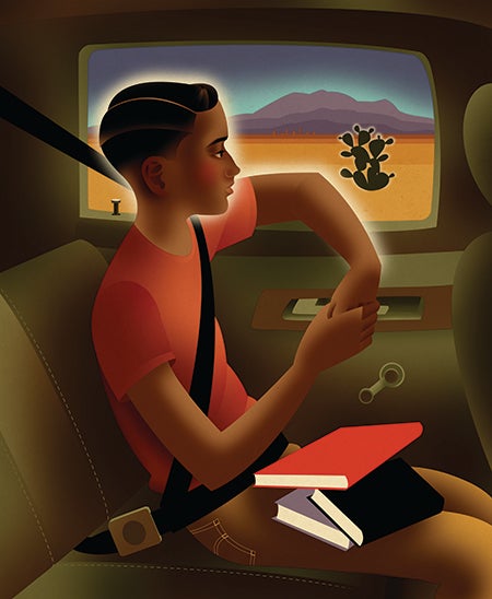 Illustration of a young Enrique Licon in a car.