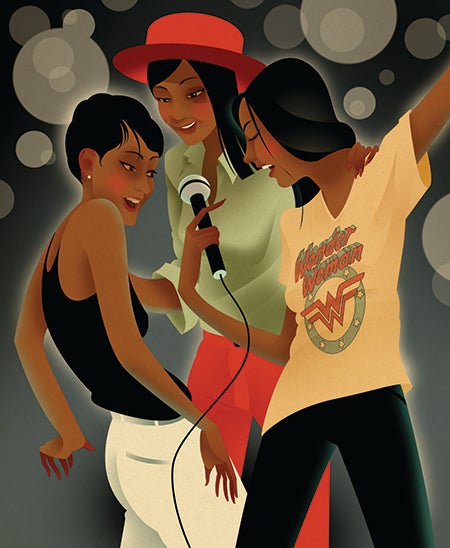 Illustration of three women singing Karaoke.