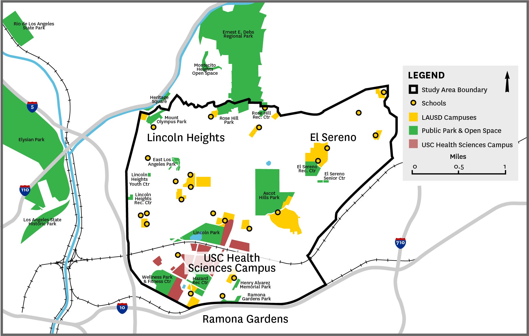 Line art map shows the area near USC's Health Sciences campus, including El Sereno, Ramona Gardens and parts of Lincoln Heights, that are part of the urban trees initiative