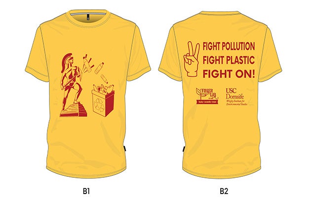 An illustration of a gold t-shirt with a statue of Tommy Trojan putting plastic bottles in a recycle bin and the back of the shirt has a hand doing the Fight On gesture and says Fight Pollution, Fight Plastic, Fight On! with the Fieser lab and Wrigley Institute logos.