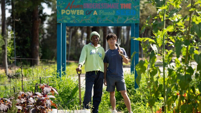 two undergraduate students wearing work clothes and holding garden tools stand in a flourishing garden under a colorful, hand-painted sign that reads 