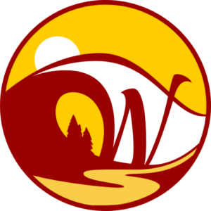 cardinal red and gold-yellow, circular artwork with a stylized "W" blending into an arched graphic element that looks like a combination wave and mountain, foregrounded by silhouettes of trees and a curving river/road