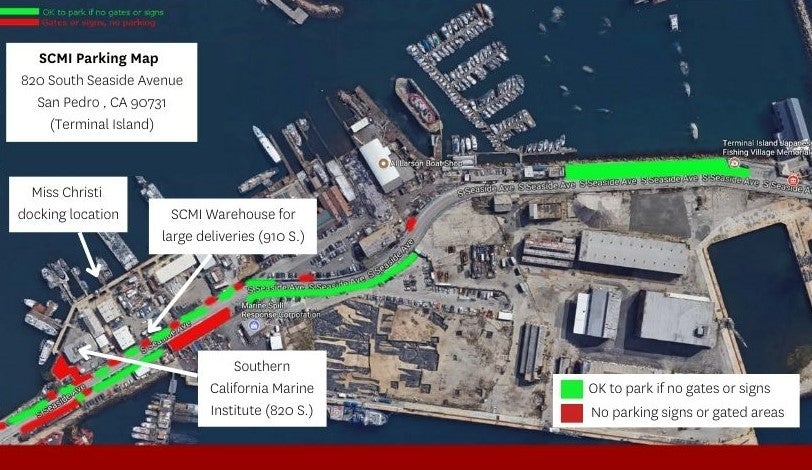 map of Terminal Island in San Pedro, CA, showing locations where parking is available near the Wrigley Institute boat dock