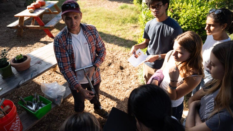 A professor explains to their students the soil sample collection method in a garden