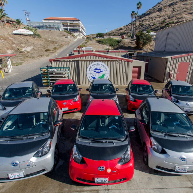eight red and silver hatchback EVs sit on the Wrigley Marine Science Center pier
