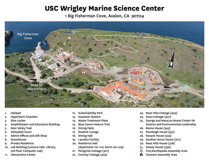 a map of the Wrigley Marine Science Center on Catalina Island, with buildings labeled