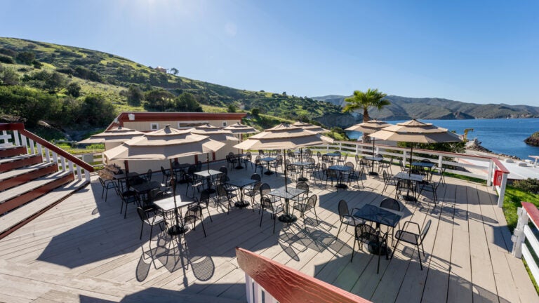 The WMSC amphitheatre, which has a large open stage covered in patio-style tables, chairs and umbrellas, and wooden bleacher-style seating. The structure overlooks an ocean cove.