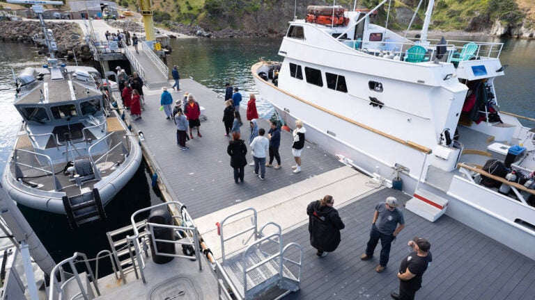 An elevated shot of a couple boats docked at Wrigley Marine Science Center in Catalina Island as people stand on the dock