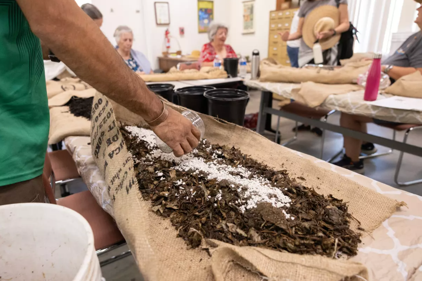 a person scatters small white granules over mulch spread across a burlap bag