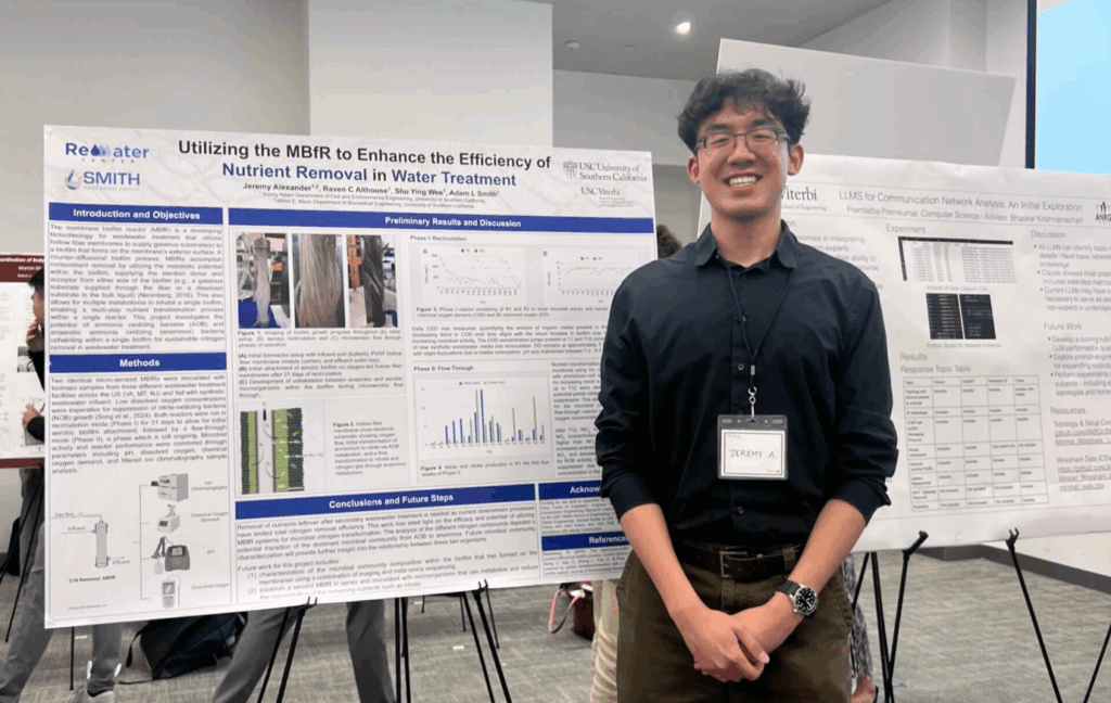 a smiling student wearing a black buttondown shirt and olive green pants stands in front of a research poster at a symposium