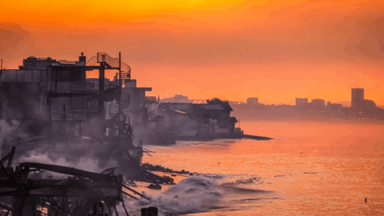smoke rises from burned-out homes along the Pacific Ocean in Malibu as the sky and water glow red and orange (photo by Apu Gomes for Getty Images, shared by NBC News)