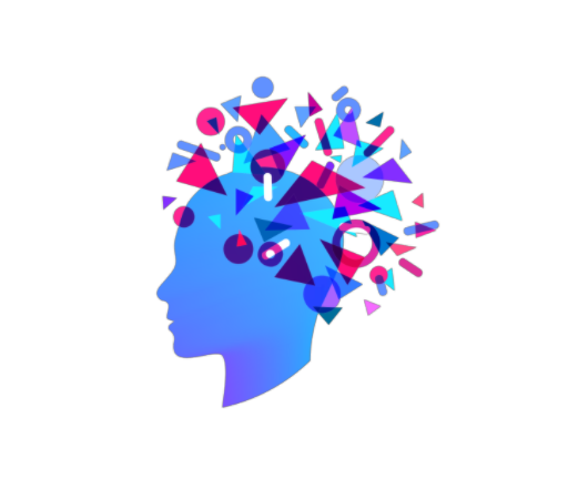Image of a head in profile, with various colorful shapes surrounding it like thoughts