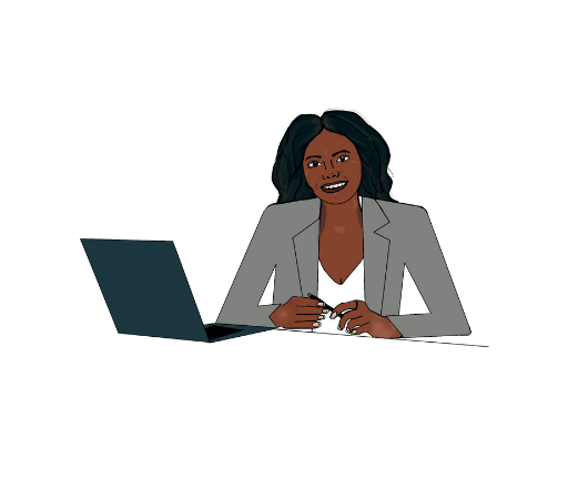 Image of a woman sitting next to a laptop and smiling