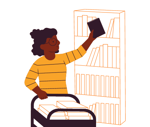 Image of a librarian placing a book on a shelf