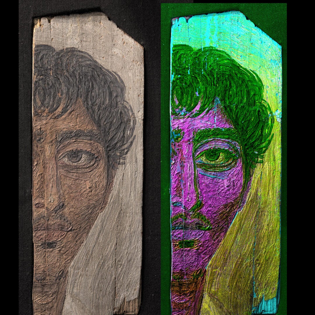 Mummy portrait with RTI on the left, and multispectral imaging and RTI on the right. Illustration.