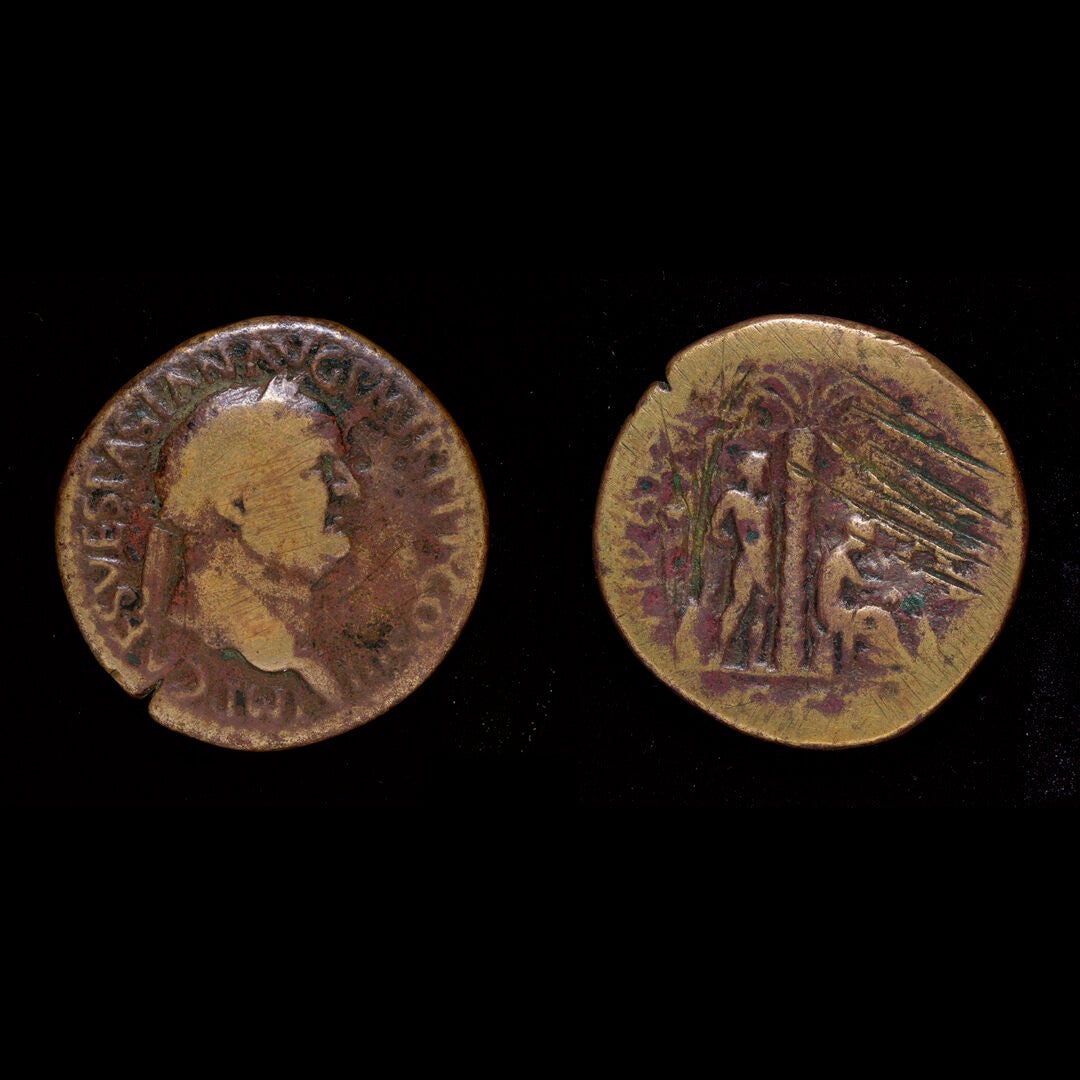 Two sides of a Roman coin, illustration.